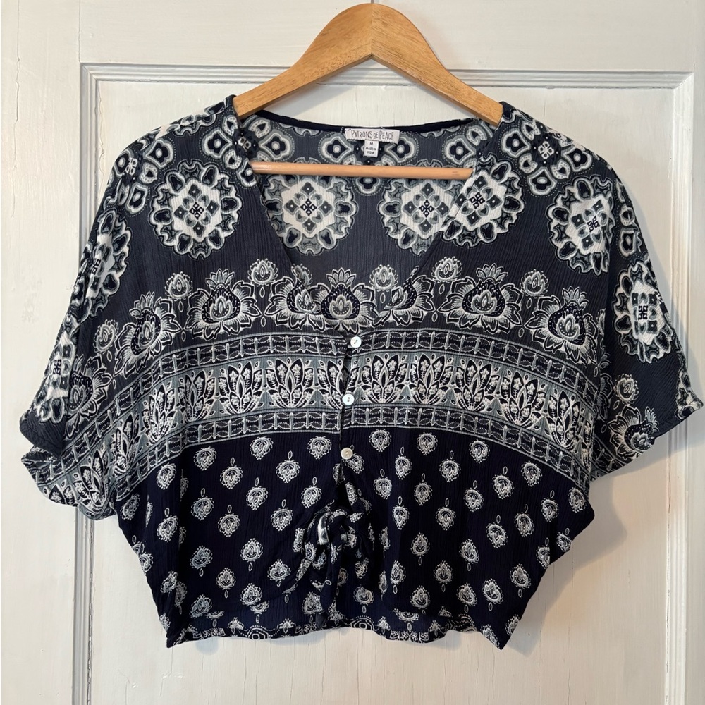 Patrons of Peace Blue and White Crop Blouse with Tie Front